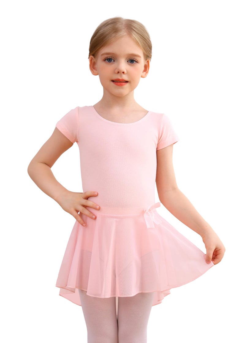 MdnMd Short Sleeve Skirted Dance Ballet Leotard Ballerina Dress Costume for Girls (Age 6-8,Ballet Pink) - Image 1